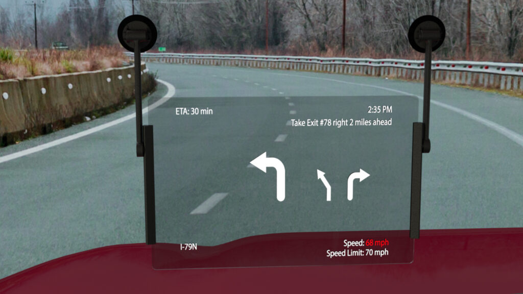 Transparent External Head’s Up Display for Automobile Navigation