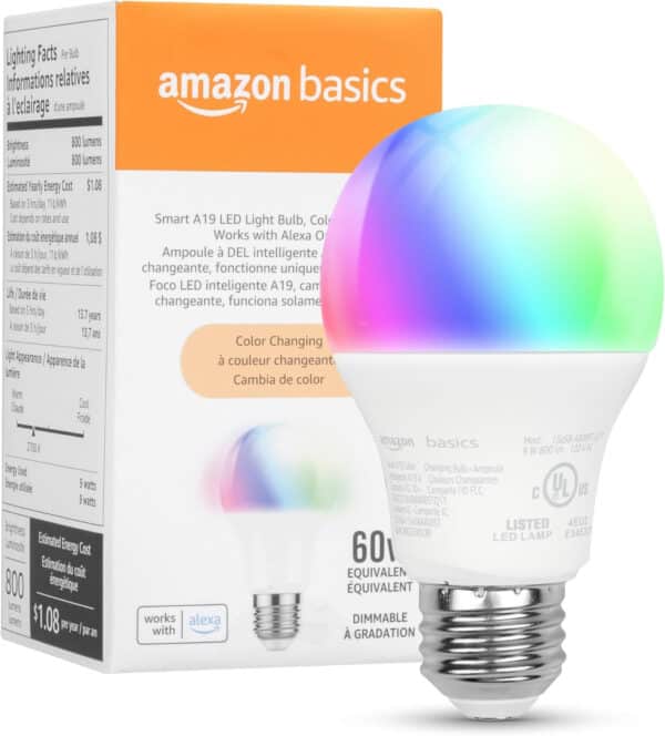 Amazon Basics Dimmable A19 LED Smart Light Bulbs Alexa Compatible, Color Changing, 60W Equivalent, 800LM, 2.4 GHz Wi-Fi, No Hub Required, 1 Pack