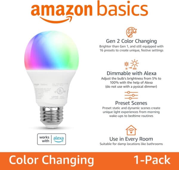 Amazon Basics Dimmable A19 LED Smart Light Bulbs Alexa Compatible, Color Changing, 60W Equivalent, 800LM, 2.4 GHz Wi-Fi, No Hub Required, 1 Pack - Image 3