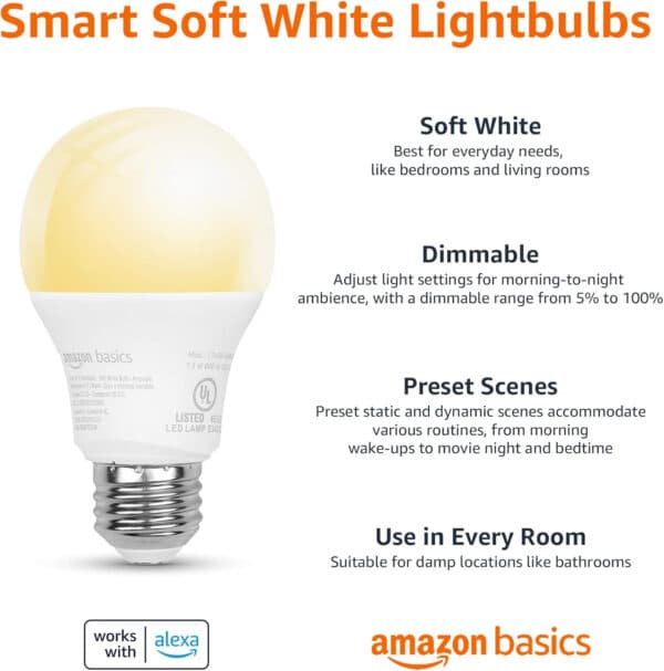 Amazon Basics Dimmable A19 LED Smart Light Bulbs Alexa Compatible, Color Changing, 60W Equivalent, 800LM, 2.4 GHz Wi-Fi, No Hub Required, 1 Pack - Image 10