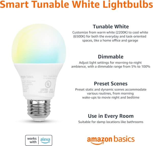 Amazon Basics Dimmable A19 LED Smart Light Bulbs Alexa Compatible, Color Changing, 60W Equivalent, 800LM, 2.4 GHz Wi-Fi, No Hub Required, 1 Pack - Image 18